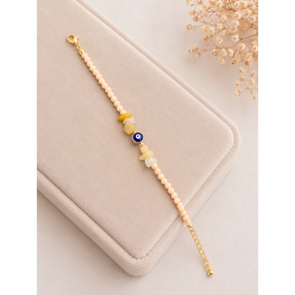 Cream Evil Eye Beaded Bracelet Gold Tone Adjustable Handmade